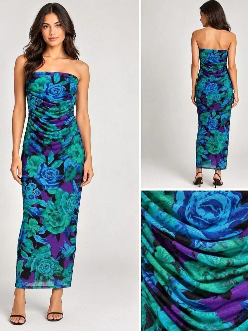 AFRM Marlo Strapless Mesh Maxi Dress Floral Ruched Midi Dress Blue & Green size